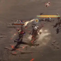 Gracz walczy z grupą zombie w Diablo 4, wykonując zadania poboczne. Krwawa jatka i płomienie wokół postaci.