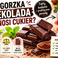 Czy gorzka czekolada jest zdrowa? Obraz przedstawia stos gorzkiej czekolady, kakao, glukometr i listę korzyści zdrowotnych.