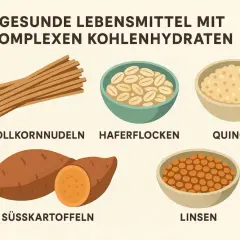 Gesunde Lebensmittel mit komplexen Kohlenhydraten: Vollkornnudeln, Haferflocken, Quinoa, Süßkartoffeln und Linsen.