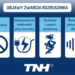 Objawy zwarcia rozrusznika: brak reakcji, wyłączanie elektroniki, dymienie, zapach spalenizny, nietypowy dźwięk.