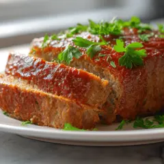 Saftiger hackbraten im airfryer, glasiert mit Tomatensauce und garniert mit Petersilie. Perfekt für ein schnelles Abendessen.