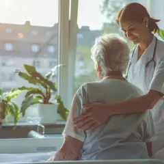 Pielęgniarka wspiera starszą pacjentkę, dbając o jej komfort i zapobiegając odleżynom od długiego leżenia.