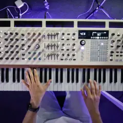 Dłonie grające na białym syntezatorze Arturia PolyBrute 12 z drewnianymi elementami.