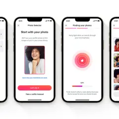 Proces dodawania zdjęć na Tinder: wybór z biblioteki, wyszukiwanie przez AI, przeglądanie i dodawanie do profilu.