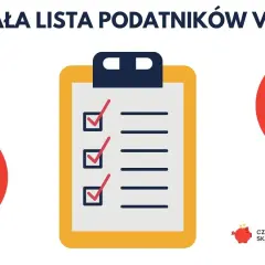 Grafika z nagłówkiem "Biała lista podatników VAT". Na żółtej tablicy znajduje się lista z zaznaczonymi trzema pozycjami.