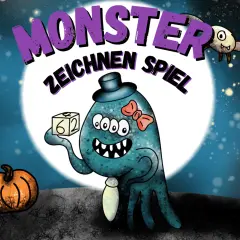 Ein lustiges Spiel, um Monster zu malen! Ein blauer, dreiaugiger Kerl mit Hut und Schleife hält einen Würfel.
