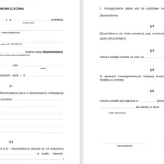 Umowa zlecenia zawiera dane stron, zakres prac, wynagrodzenie i postanowienia dotyczące realizacji zlecenia.