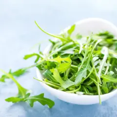 Świeża rukola w białej miseczce, gotowa na pyszne pesto z rukoli.