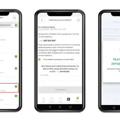Trzy ekrany telefonu pokazują proces aktywacji odbioru przelewów BLIK. Na pierwszym ekranie widać opcję "Odbieraj przelewy BLIKIEM", na drugim wprowadzanie numeru telefonu, a na trzecim potwierdzenie rejestracji.