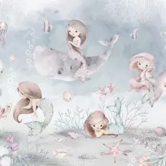 Urocza tapeta syrenki z wielorybem, narwalem, ośmiornicami, żółwiem i rybkami w pastelowych kolorach.