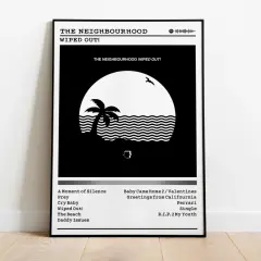 Plakat z okładką albumu "Wiped Out!" zespołu The Neighbourhood. Czarno-biała grafika przedstawia palmę na tle fal i słońca.