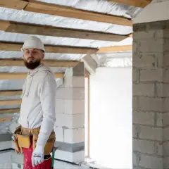 Budowa domu to inwestycja, która może przynieść odliczenie od podatku. Mężczyzna w kasku i z pasem narzędziowym na budowie.