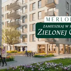 Nowoczesny budynek mieszkalny z kawiarnią i zielonym dziedzińcem, z napisem "Merloft Zamieszkaj w sercu Zielonej Góry".
