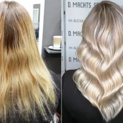 Vorher-Nachher-Vergleich: Blondierung mit Gelbstich wurde zu einem kühlen Blondton umgewandelt.