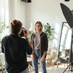 Fotograf robi zdjęcie uśmiechniętej młodej kobiecie w studiu.