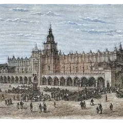 Rynek Główny w Krakowie z Sukiennicami i tłumem ludzi, ilustracja z epoki.