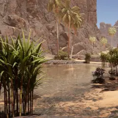 Eine Oase in einer Wüstenlandschaft, wie im Icarus Game. Palmen und üppige Vegetation umgeben einen kleinen See vor steilen Felsen.