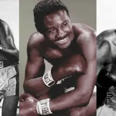 Three images of boxer Ezzard Charles. One shows him in a boxing stance, another with a wide smile, and the third wearing a championship belt.