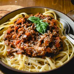 Ein Teller Spaghetti mit herzhafter Bolognese-Sauce, garniert mit Basilikum und Parmesan. Perfekt für ein klassisches bolognese rezept.