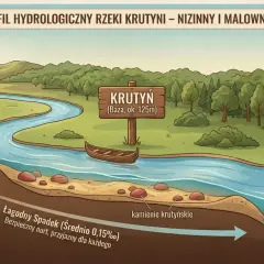 Ilustracja profilu hydrologicznego rzeki Krutyni z kajakiem, łódką i oznaczeniami tras.