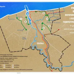 Mapa Ustrka z przebiegiem szlaków rowerowych i turystycznych. Widać tu szlak zwiniętych torów, drogi piesze i rowerowe.