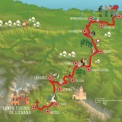 Mapa ilustrado del camino lebaniego en 5 etapas, con peregrinos y monumentos.