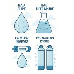 Illustration comparant l'eau pure, l'eau ultrapure, l'osmose inverse et les échangeurs d'ions. Comprendre la différence eau osmosée et déminéralisée.