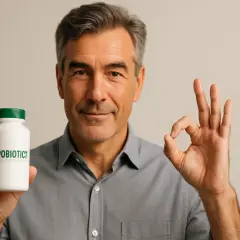 Uomo sorridente mostra un flacone di integratore con Lactobacillus helveticus R0052 e Bifidobacterium longum R0175, facendo il segno OK.