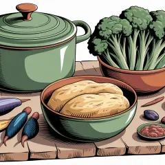 Préparation des pâtes aux brocolis à la sicilienne : brocolis frais, pâtes, aubergines, piments et une cocotte.