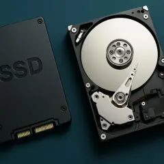 Comparativa de dos tipos de disco duro: un SSD negro y un disco duro mecánico abierto mostrando sus platos.