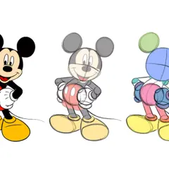Drei Mickey-Maus-Zeichnungen: fertig, skizziert, mit Farbblöcken.