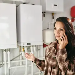 Kobieta rozmawia przez telefon, pytając jaki piec gazowy do mieszkania 70m2. W tle wiszą białe kotły gazowe.