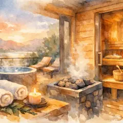 Relaks przy zachodzie słońca: gorąca balia, świeca i parująca sauna w lesie.