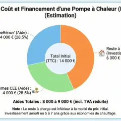 Structure du coût d'une PAC Air-Eau : 14 000€ TTC. Aides : 8 000-9 000€. Reste à charge : 6 000€. Le coût remplacement chaudière fioul par pompe à chaleur est amorti.