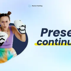 Ragazza con guantoni da boxe, pronta a combattere, mentre il testo "Present continuous" appare. Non sta perdendo tempo!
