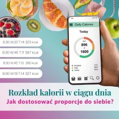 Dla zdrowego stylu życia, aplikacja pokazuje rozkład **chleb puri kcal** i dzienny bilans kalorii.