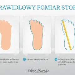 Jak dobrac buty? Instrukcja mierzenia stopy: 1. Połóż stopę na kartce. 2. Obrysuj. 3. Zmierz długość.