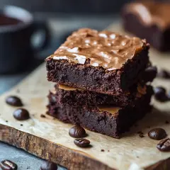 En stapel fudgiga brownies med kaffebönor och en kopp kaffe. Perfekt för att baka med kaffe!