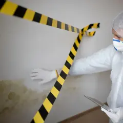 Mann in Schutzanzug untersucht Wand mit Schimmel, der muffiger Geruch nach Wasserschaden verursacht. Warnband markiert den Bereich.