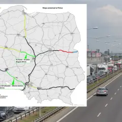 Mapa autostrad w Polsce z zaznaczonymi odcinkami A2 (99 km) i A4 (162 km). W tle korek na autostradzie.