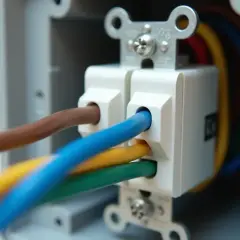 Jak podłączyć włącznik światła podwójny trzy przewody: zbliżenie na biały mechanizm z kolorowymi przewodami (brązowy, niebieski, żółty, zielony) wchodzącymi do zacisków.