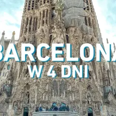 Sagrada Familia w Barcelonie pod błękitnym niebem z napisem "BARCELONA W 4 DNI".