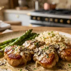 Délicieux ris de veau poêlés, nappés d'une sauce crémeuse aux truffes, accompagnés d'asperges vertes et d'un riz pilaf.