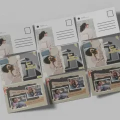 Kolekcja pocztówek z kolażami zdjęć i tekstem "they say two". Różne pocztówki wymiary, niektóre z kobietą z tyłu, inne z parami.