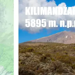 Mapa szlaku na Kilimandżaro, pokazująca trasę z Nkweseko przez Machame do szczytu. W tle majestatyczny widok góry.