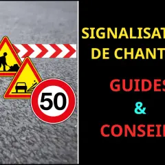 Signalisation de chantier : feux, panneaux de danger, limitation de vitesse 50, barrière. Respectez la loi de roulage.