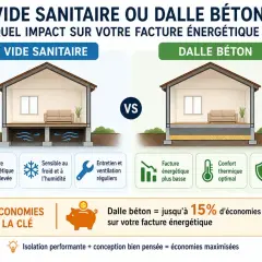 Comparaison entre vide sanitaire et dalle béton. Le vide sanitaire entraîne plus de déperditions thermiques, tandis que la dalle béton offre une meilleure isolation et des économies.