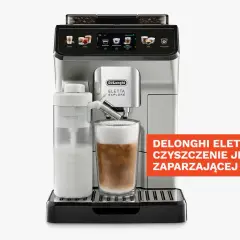 Automatyczny ekspres DeLonghi Eletta Explore z mlecznikiem i szklanką kawy. Wskazówki dotyczące odkamieniania i czyszczenia jednostki zaparzającej.