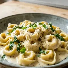Tortellinis onctueux nappés d'une sauce mascarpone pour pâtes, parsemés de parmesan râpé et de basilic frais.
