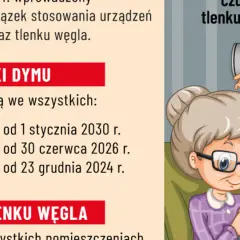 Ilustracja starszej pary przy kominku, mężczyzna trzyma czujnik czadu.
